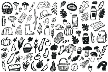 A collection of hand-drawn doodles featuring various autumn elements. Includes mushrooms, pumpkins, leaves, jars, and gardening tools in black and white.