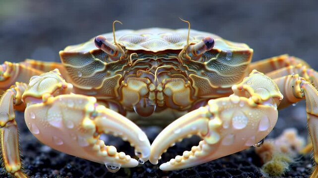 Detailed close-up portrait of a freshwater crab with intricate shell patterns and water droplets on its claws.