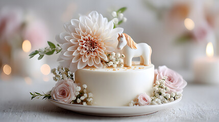 Fototapeta premium Beautiful cake decorated with a large flower and a small unicorn figurine, surrounded by delicate roses and soft lighting, perfect for celebrations and special occasions. Selective focus