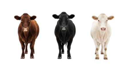 Three distinct healthy adult cows, one deep brown, one glossy black, one transparent, standing side-by-side in a seamless transparent studio with high-key lighting. All looking directly at camera,