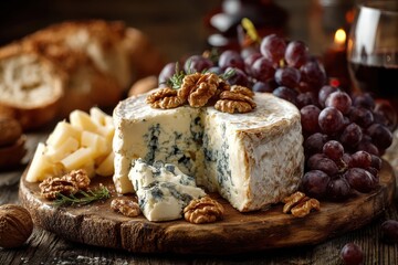 Decadent Cheese Board with Grapes and Walnuts Gourmet Food Still Life Appetizer Wine Pairing Rustic Table Setting