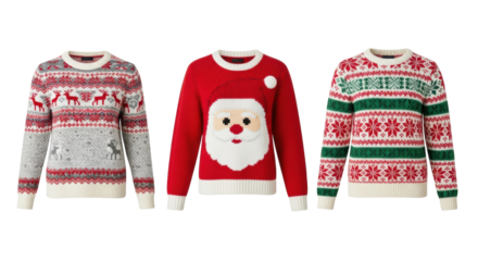 Three knitted christmas sweaters (cream nordic, red santa claus, cream striped snowflake) in ultra-realistic product photography, against a pure transparent background with no shadows, high detail