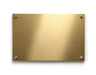 Rectangular gold brushed metal plate with four brass bolt heads on clean white surface. Golden metallic empty sign, blank nameplate with screws for text and logo. Polished banner backdrop.