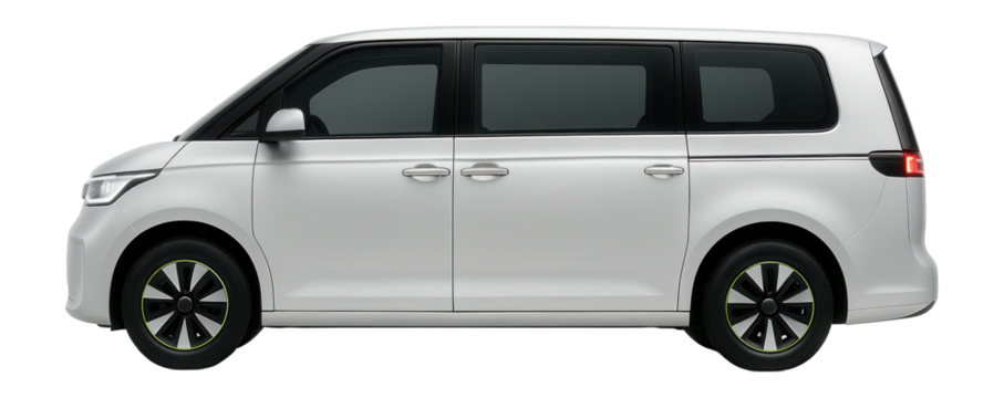 Electric minivan with rounded edges and integrated LED headlights