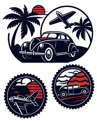 Vintage Summer Travel Stickers Collection – flat vector on clean white background