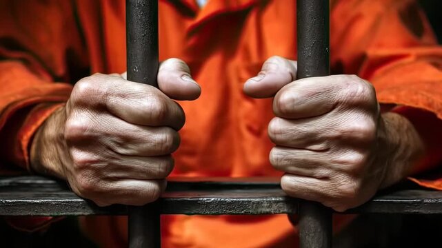 Emotion etched on every line, the hands of a prisoner tightly grip the prison bars, a poignant reminder of lost freedom. Male hands close-up.