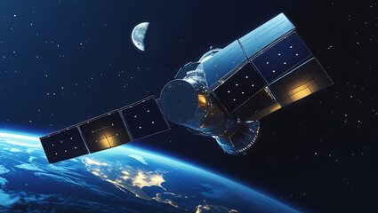 Satellite orbiting Earth with moon and stars space