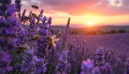 Fototapeta premium Vibrant sunset over a field of purple lavender flowers. Warm orange and yellow hues in the sky. Lavender flowers in full bloom with purple petals contrasting with golden glow of setting sun.