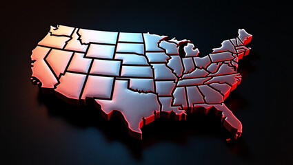 A detailed 3d map of the united states, featuring state divisions and rendered in metallic textures with red and blue lighting, symbolizing the nations political structure and geographical diversity