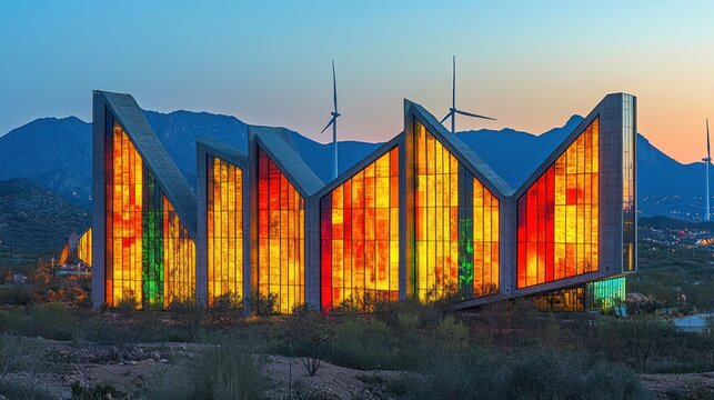 Colorful modern building at dusk, desert landscape, wind turbines