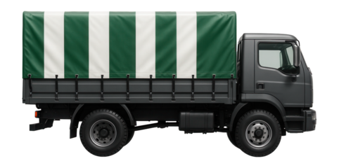 Fleet truck with green and white striped tarp and tension belts