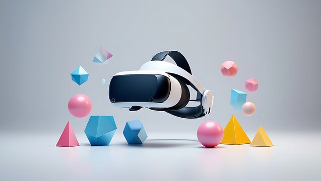 Vr headset with abstract shapes floating around it, representing virtual reality