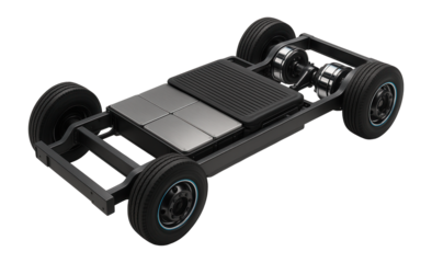Electric semi-truck chassis with visible undercarriage battery modules and rear axle motors