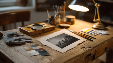Artist's Workspace A Rustic Wooden Desk with Antique Tools and Artwork