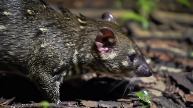 Spotted Paca Foraging in Tropical Forest Undergrowth at Night, Close-up Wildlife Portrait
