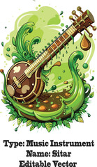 Brown sitar with green vines and water drops musical instrument string instrument
