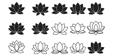 Set of sixteen lotus flower icons — filled and outlined symmetrical designs for wellness, spirituality, nature, tattoo, and decorative themes