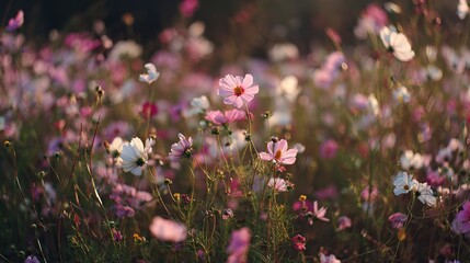 Fototapeta premium A field of wildflowers, with pink and white cosmos petals swaying gently in golden hour's warm glow, bathed in soft sunlight, sun casting long shadows over the meadow, tranquil yet vibrant.