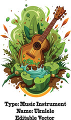 Brown ukulele surrounded by lush green foliage and water musical instrument leaves