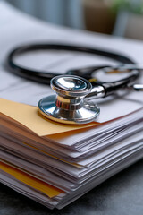 Closeup of Silver Stethoscope on Stack of White Medical Documents