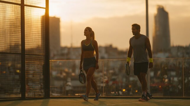 Evening tennis match between friends urban rooftop sports photography sunset dynamic moment
