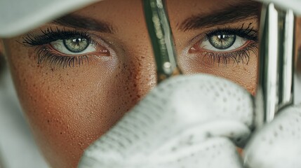 Female golfer focused on swing golf course portrait natural light close-up athleticism