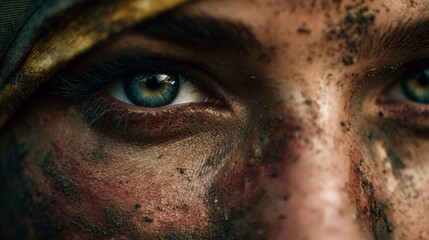 Intense warrior's eyes a gritty battlefield portrait with emotional depth