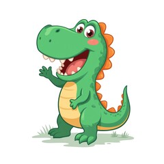 Happy cartoon dinosaur waving hello, illustration for kids. Friendly green dino character with orange spikes, smiling widely with open mouth and sharp teeth.