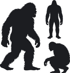 Silhouettes of Bigfoot, Sasquatch, and Yeti in walking, standing, crouching poses, cryptid creatures, folklore legends, mysterious vector illustration