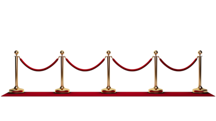 A queue of polished stanchions connected by red velvet ropes for crowd control and event entry isolated on white background