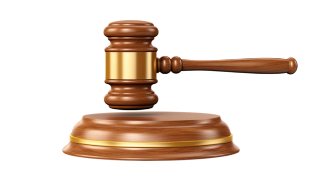 A polished wooden gavel with a golden band grasped in hand symbolizing law and justice isolated on white background