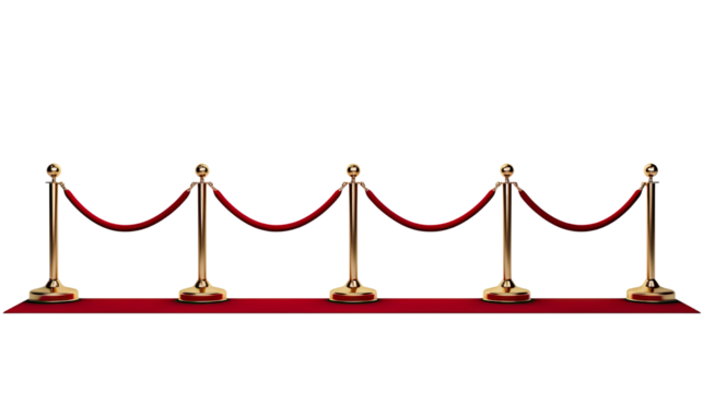 A queue of polished stanchions connected by red velvet ropes for crowd control and event entry isolated on white background