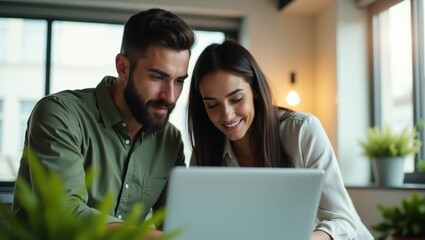 A young couple looking at a laptop screen together in a bright room with plants and a window behind them