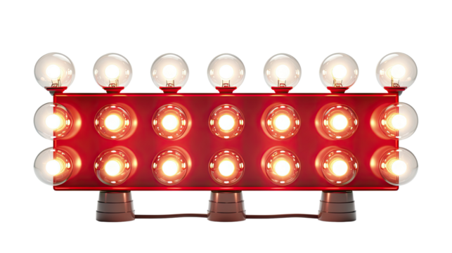 A retro style marquee sign with glowing lightbulbs and vintage decorative frame isolated on white background