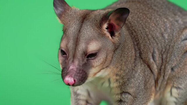Close-up portrait of a curious Kinkajou (Potos flavus) with soft fur and pink nose, isolated on a vibrant green studio background, ideal for compos...