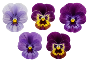 Six distinct purple pansies in various shades (lavender, lilac, deep violet) with yellow stamens, intricate veins, and varied petal arrangements, isolated against an immaculate white studio