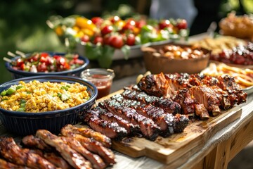 A barbecue feast laid out on a wooden table outside