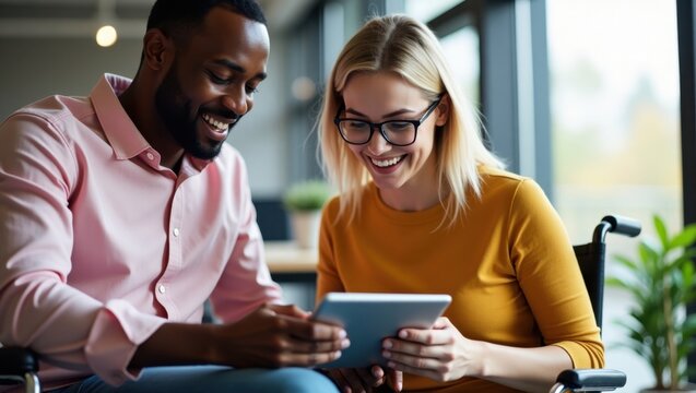Man and woman smiling while looking at a tablet device in an office setting with natural light - Powered by Adobe