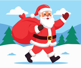 Santa with sack walking in snowy forest