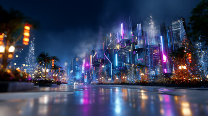 Obraz premium Futuristic City Nightscape Vibrant Neon Lights Reflect on Wet Street