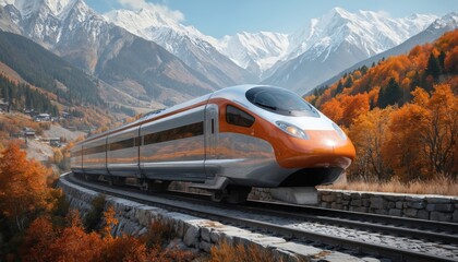 High speed train moves fast on railroad surrounded with autumn forest mountains. Orange trees, snowy peaks. Modern transportation, comfortable journey, beautiful nature landscape. Adventure travel by