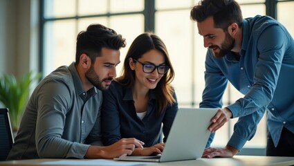 Three colleagues collaborating on a laptop in a modern office setting with natural light and a positive atmosphere
