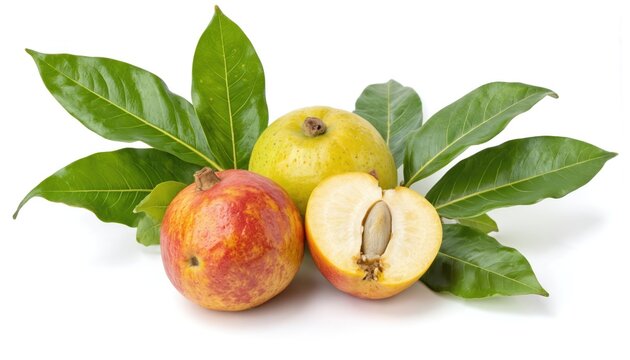 Whole and halved ripe marula fruits with vibrant green leaves against a clean white backdrop. One fruit displays its juicy interior and large seed, suggesting natural nutrition and a tropical taste.
