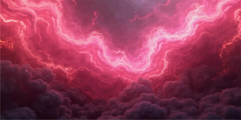 Bright red clouds swirl like smoke in a dark abstract sky, creating a stormy texture