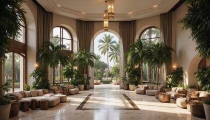 Hotel lobby with indoor garden, luxury seating. Roomy interior features large windows overlooking tropical garden. Modern, elegant interior evokes relaxation, hospitality, calmness. Palm trees,
