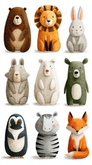Group of adorable illustrated animals including bear, lion, rabbit, and fox in a playful arrangement on a white background