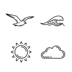 Fototapeta premium Collection of Columbus day-themed icons, including Seagull, wave, sun, cloud