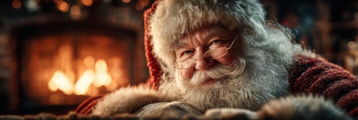 Santa Claus relaxes by the fireplace, spreading holiday cheer during the festive season at home