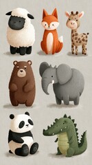 Cute and colorful cartoon-style animals illustrated in a playful arrangement showcasing a bear, panda, giraffe, fox, sheep, and elephant