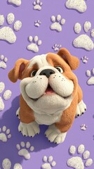 Happy bulldog puppy playing on a purple background with paw prints in the afternoon sun